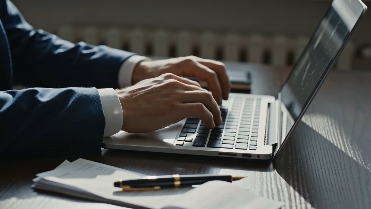 Nahaufnahme: Hände beim Prüfen von Belegen am Laptop